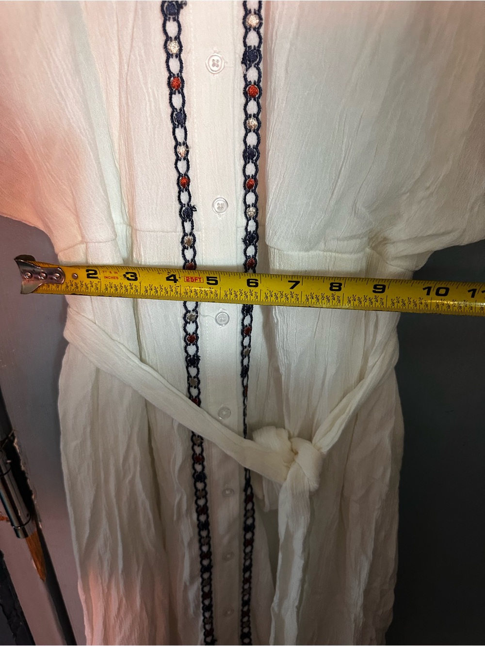 Sonoma Cream Maxi Shirt Dress with Navy Embroidered Trim and Red Tassels - Picture 6 of 9